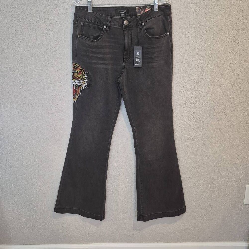 Ed Hardy Denim Tiger Head Embroidered Slim Flare Jeans Women's Size 32
